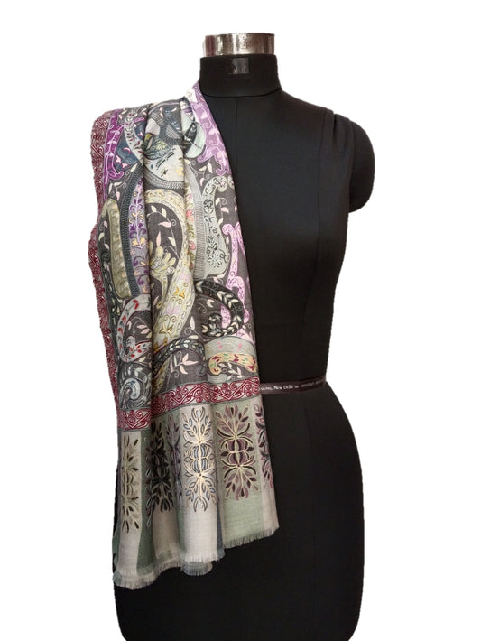 Pashmina Blended Kalamkari outlined shawl.